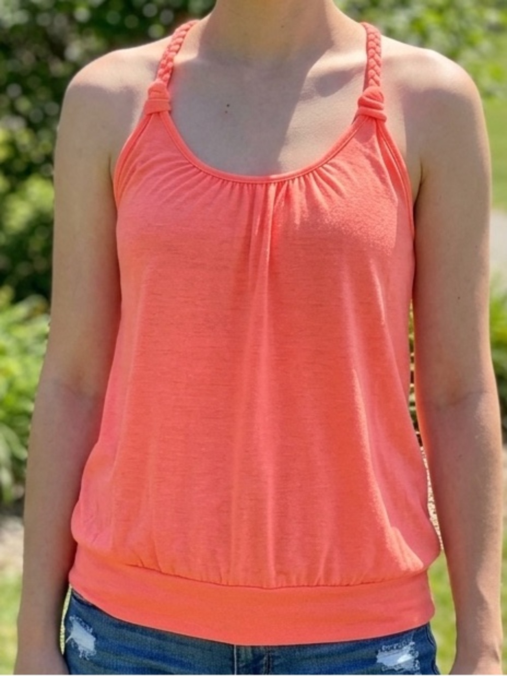 Self Esteem Coral Peach Braid Strap Ring Back Banded Hem Tank Top Large EUC Boho